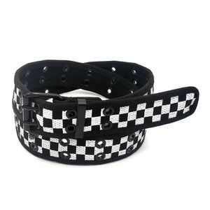 Black White Checkered 2 Holes Row Grommet Canvas Fabric Web Belt Size Medium